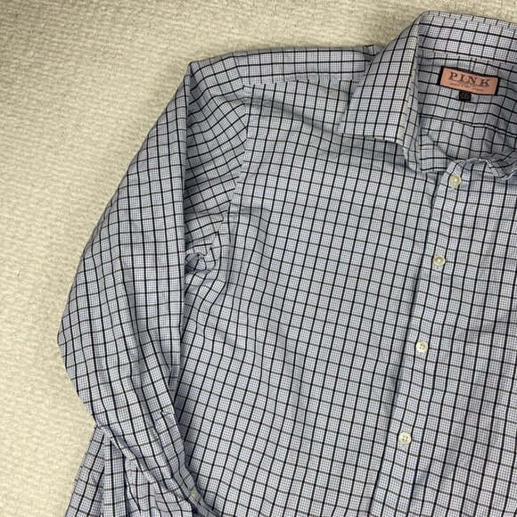 Thomas Pink Shirt Mens 17-35 Blue Mini Check Plaid Dress shirt Plaid pattern - Picture 3 of 16